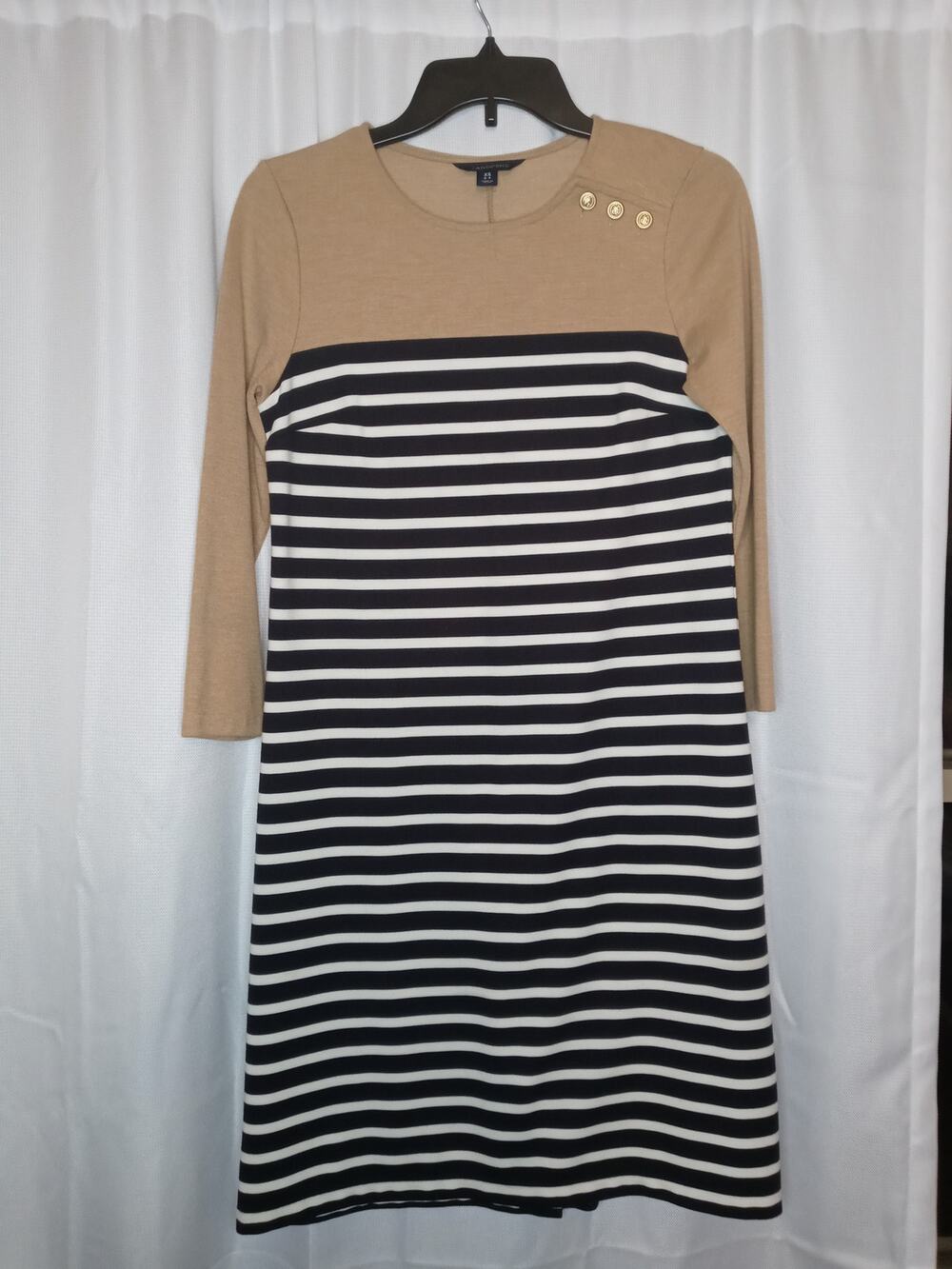 LANDS END Dress A Line Stripe Beige Black White Stretch Button Size 2-4
